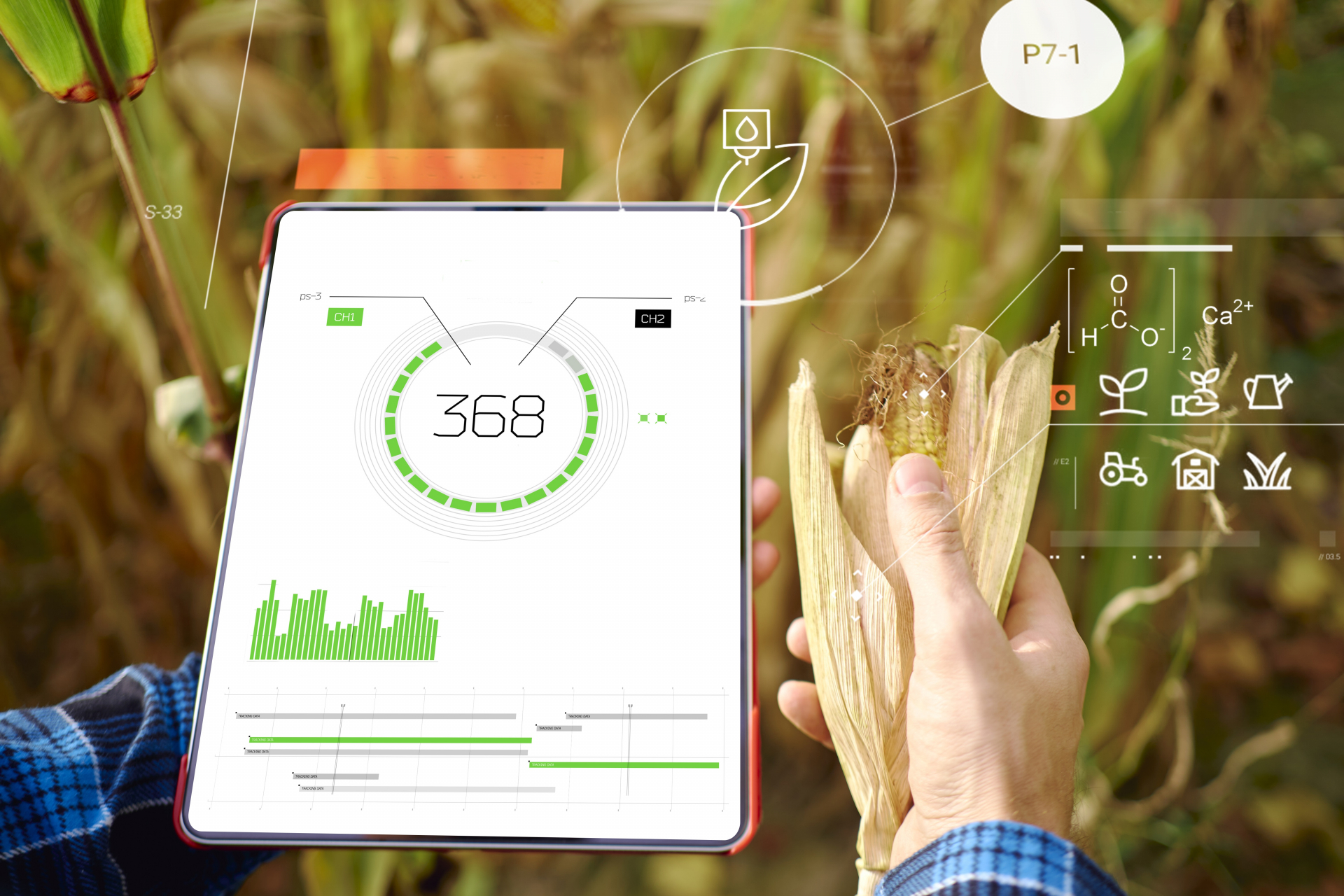 タブレットとコーンを持つ手