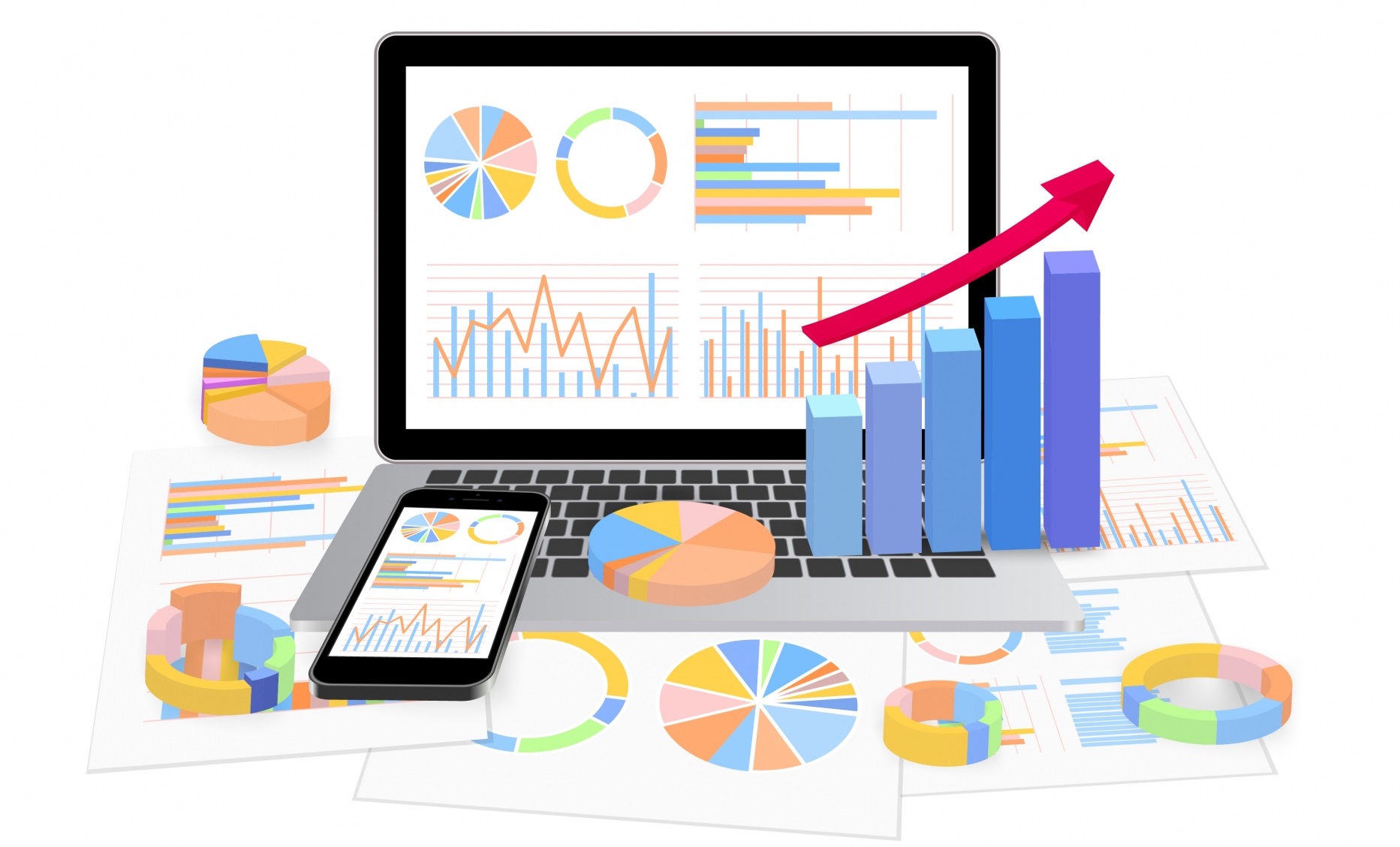 ノートパソコンとスマホとグラフ資料