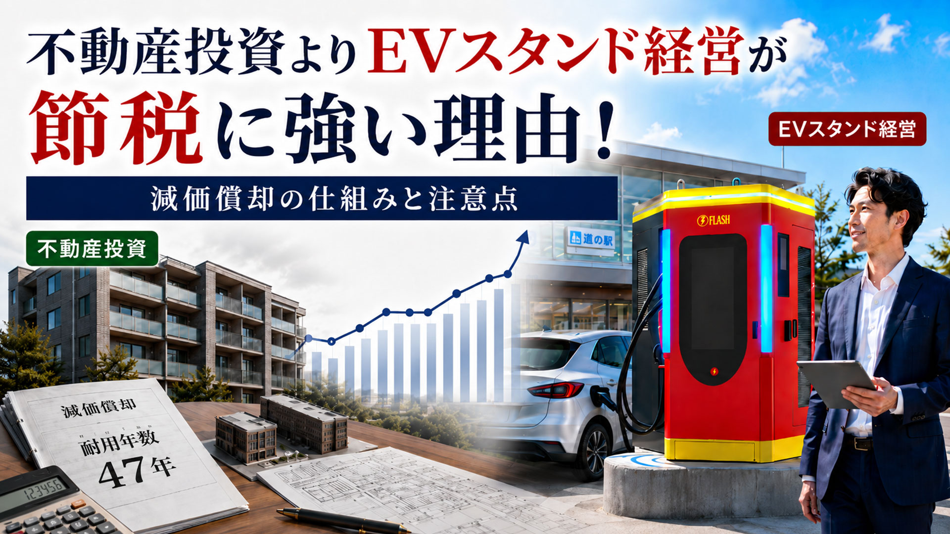 【徹底比較】不動産投資よりEVスタンド経営が節税に強い理由！減価償却の仕組みと注意点