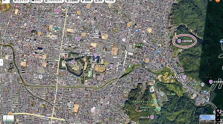 鶴ヶ城周辺と近藤勇御廟の地図